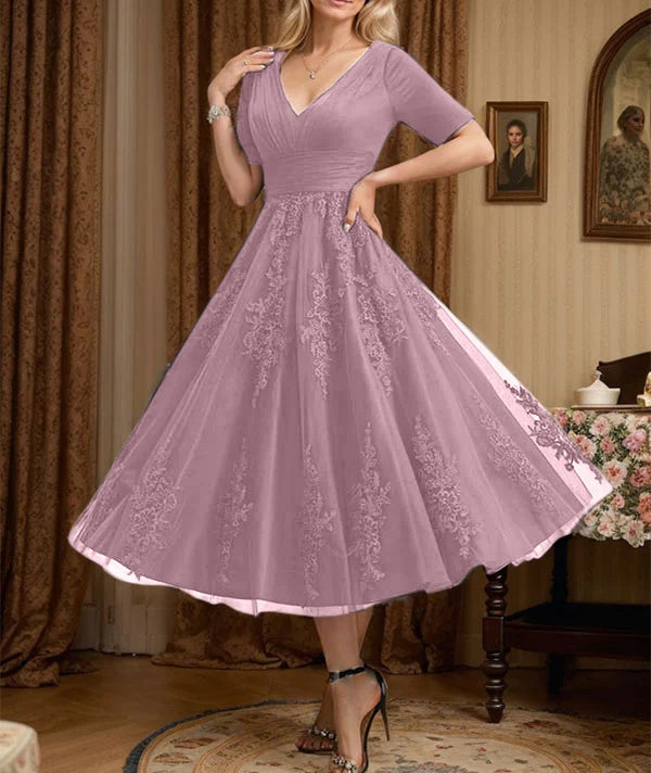 A-line V-Neck Tea-Length Tulle Lace Mother of the Bride Dress With Pleated