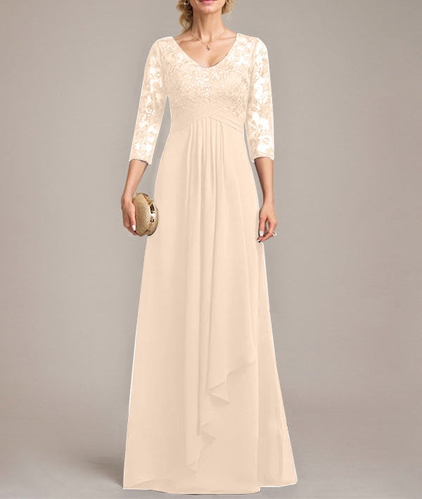 A-line V-Neck Floor-Length Lace Chiffon Mother of the Bride Dress With Cascading Ruffles Sequins