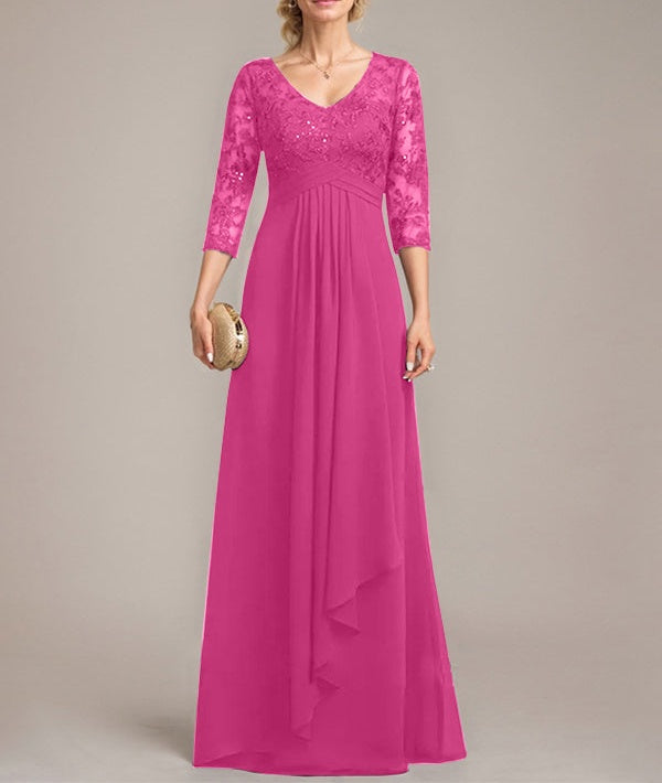 A-line V-Neck Floor-Length Lace Chiffon Mother of the Bride Dress With Cascading Ruffles Sequins