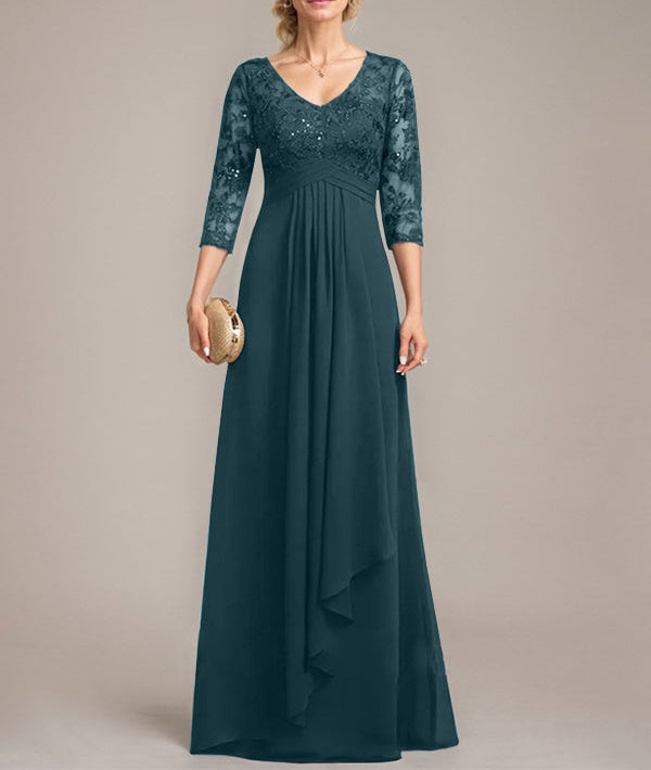 A-line V-Neck Floor-Length Lace Chiffon Mother of the Bride Dress With Cascading Ruffles Sequins