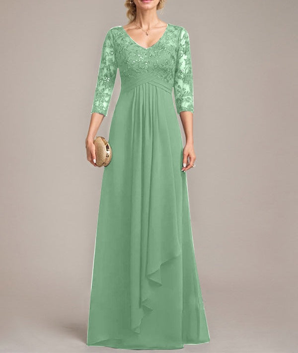A-line V-Neck Floor-Length Lace Chiffon Mother of the Bride Dress With Cascading Ruffles Sequins