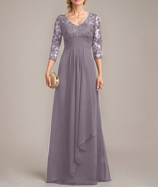 A-line V-Neck Floor-Length Lace Chiffon Mother of the Bride Dress With Cascading Ruffles Sequins