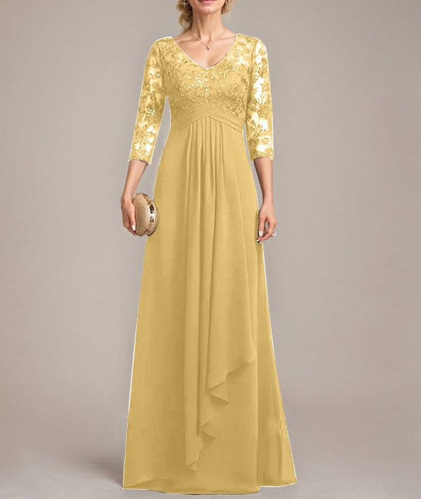 A-line V-Neck Floor-Length Lace Chiffon Mother of the Bride Dress With Cascading Ruffles Sequins