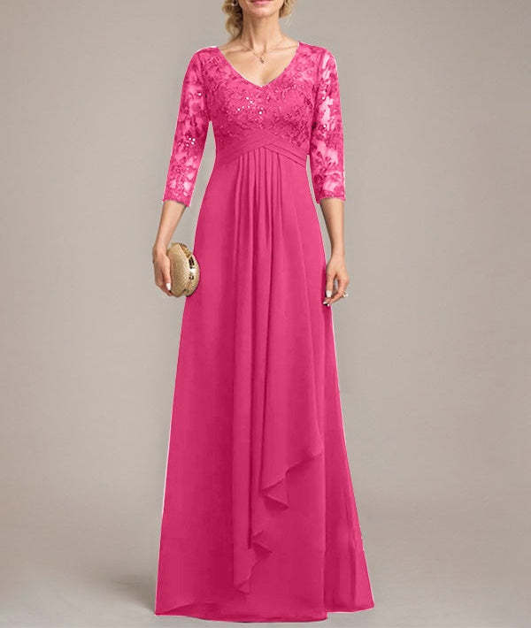 A-line V-Neck Floor-Length Lace Chiffon Mother of the Bride Dress With Cascading Ruffles Sequins