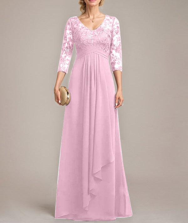A-line V-Neck Floor-Length Lace Chiffon Mother of the Bride Dress With Cascading Ruffles Sequins