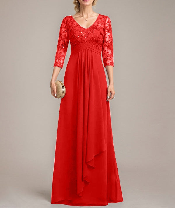 A-line V-Neck Floor-Length Lace Chiffon Mother of the Bride Dress With Cascading Ruffles Sequins