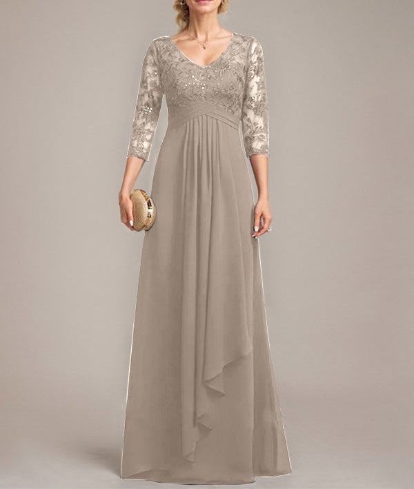 A-line V-Neck Floor-Length Lace Chiffon Mother of the Bride Dress With Cascading Ruffles Sequins
