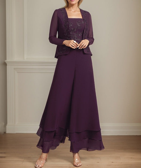 Separates Jumpsuit/Pantsuit Square Ankle-Length Lace Chiffon Mother of the Bride Dress With Sequins