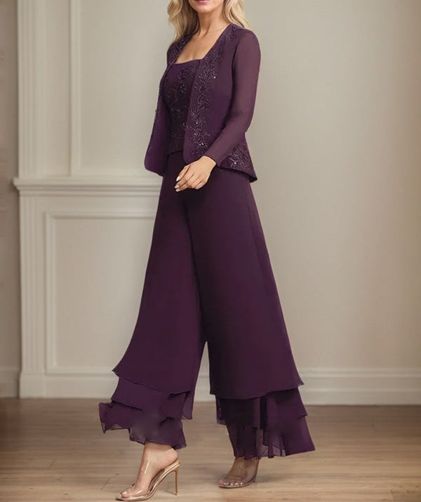 Separates Jumpsuit/Pantsuit Square Ankle-Length Lace Chiffon Mother of the Bride Dress With Sequins