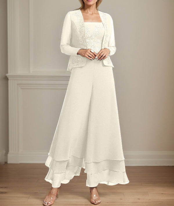 Separates Jumpsuit/Pantsuit Square Ankle-Length Lace Chiffon Mother of the Bride Dress With Sequins