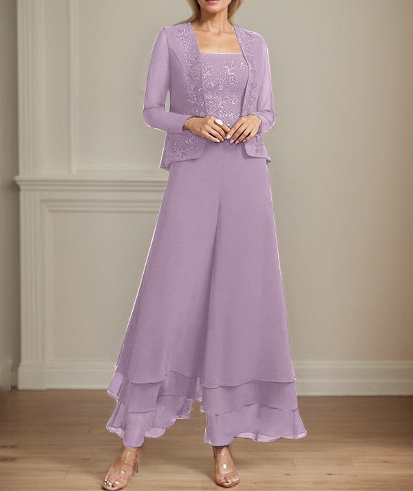 Separates Jumpsuit/Pantsuit Square Ankle-Length Lace Chiffon Mother of the Bride Dress With Sequins