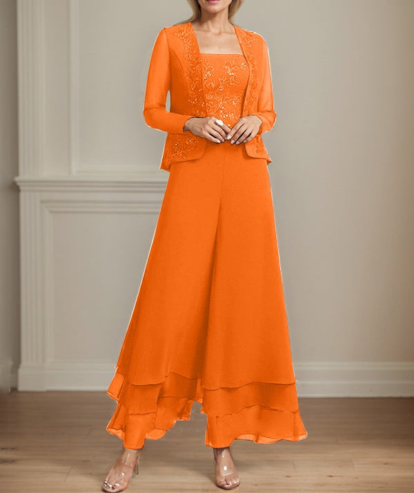 Separates Jumpsuit/Pantsuit Square Ankle-Length Lace Chiffon Mother of the Bride Dress With Sequins