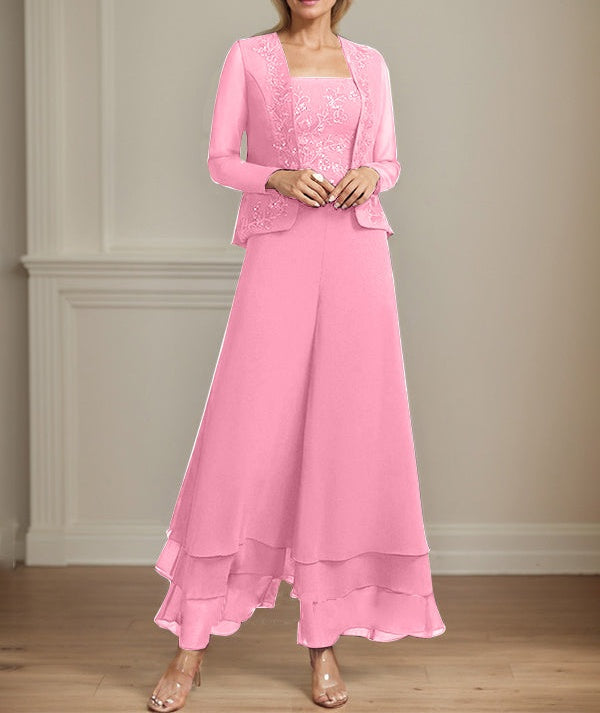 Separates Jumpsuit/Pantsuit Square Ankle-Length Lace Chiffon Mother of the Bride Dress With Sequins