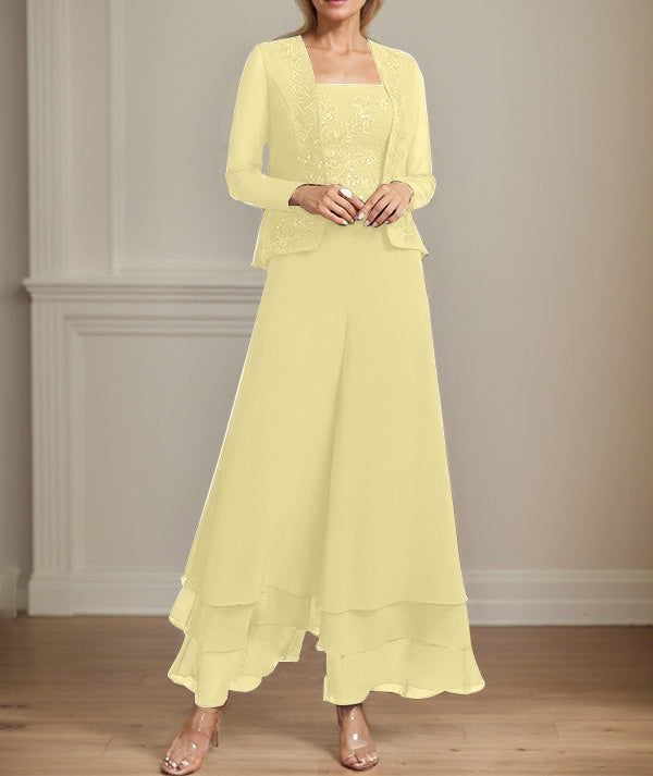 Separates Jumpsuit/Pantsuit Square Ankle-Length Lace Chiffon Mother of the Bride Dress With Sequins