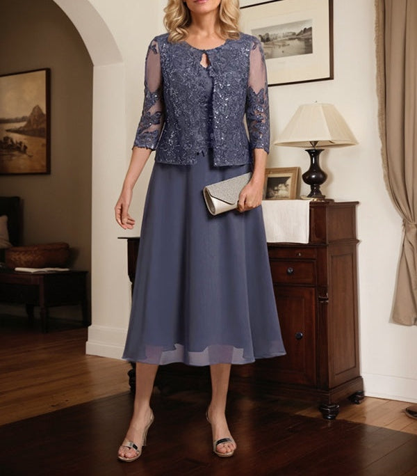 A-line Scoop Tea-Length Lace Chiffon Mother of the Bride Dress With Sequins