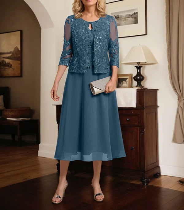 A-line Scoop Tea-Length Lace Chiffon Mother of the Bride Dress With Sequins