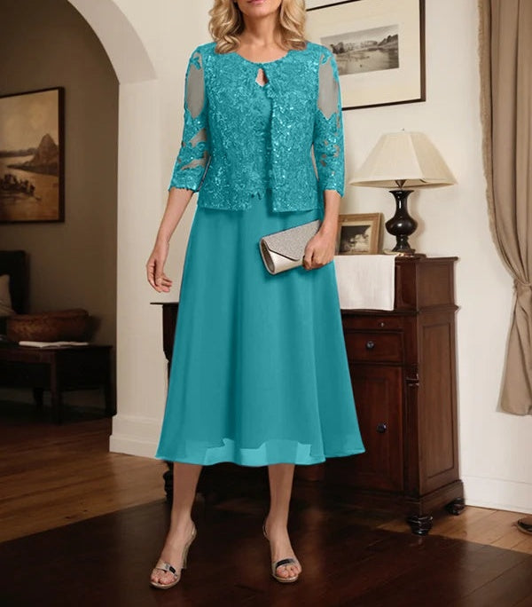 A-line Scoop Tea-Length Lace Chiffon Mother of the Bride Dress With Sequins
