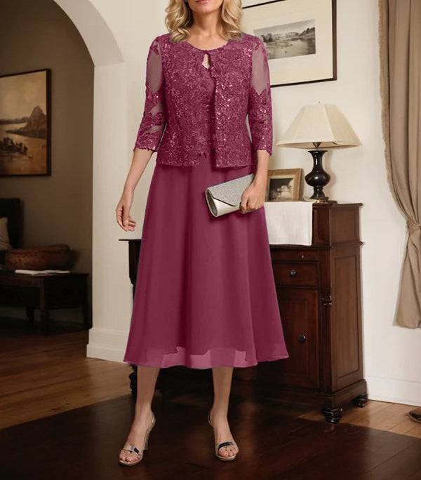 A-line Scoop Tea-Length Lace Chiffon Mother of the Bride Dress With Sequins