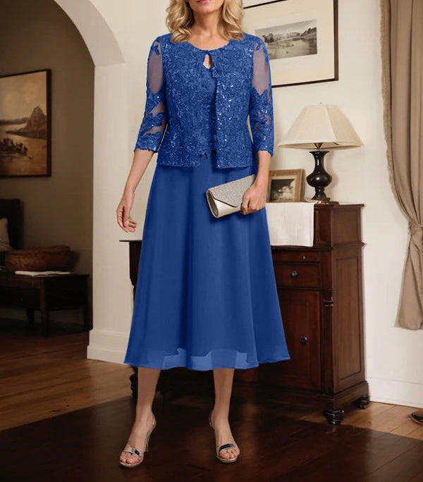 A-line Scoop Tea-Length Lace Chiffon Mother of the Bride Dress With Sequins