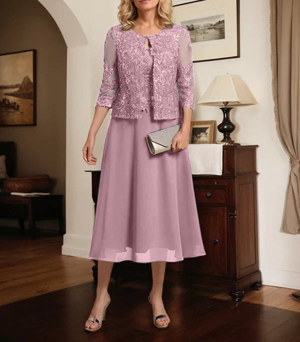 A-line Scoop Tea-Length Lace Chiffon Mother of the Bride Dress With Sequins