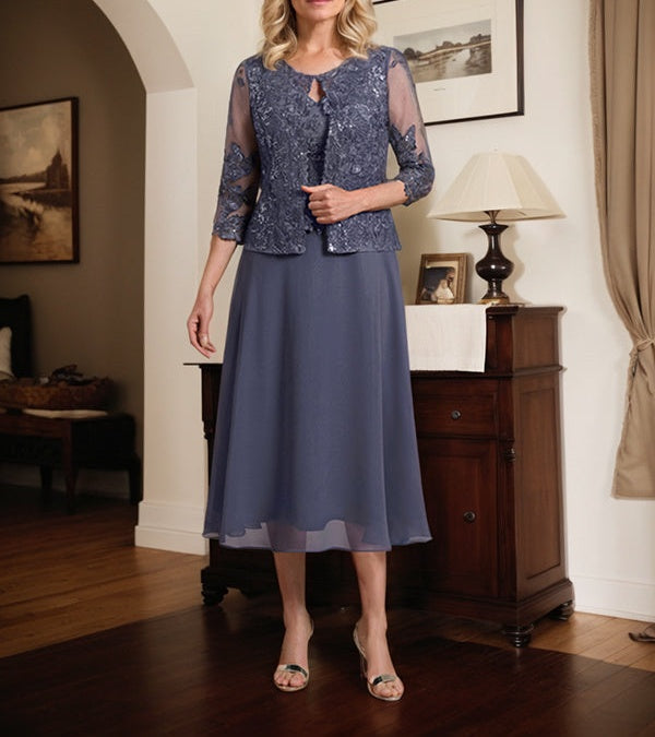 A-line Scoop Tea-Length Lace Chiffon Mother of the Bride Dress With Sequins