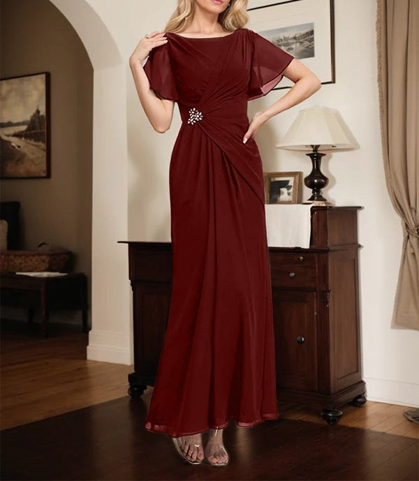 A-line Scoop Ankle-Length Chiffon Mother of the Bride Dress With Beading Pleated