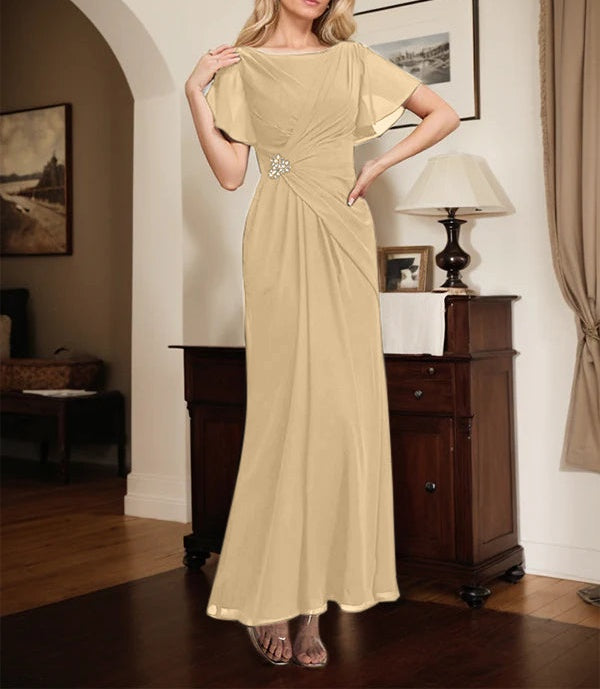A-line Scoop Ankle-Length Chiffon Mother of the Bride Dress With Beading Pleated