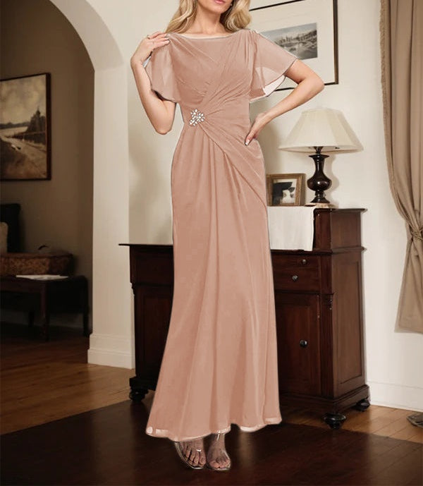 A-line Scoop Ankle-Length Chiffon Mother of the Bride Dress With Beading Pleated