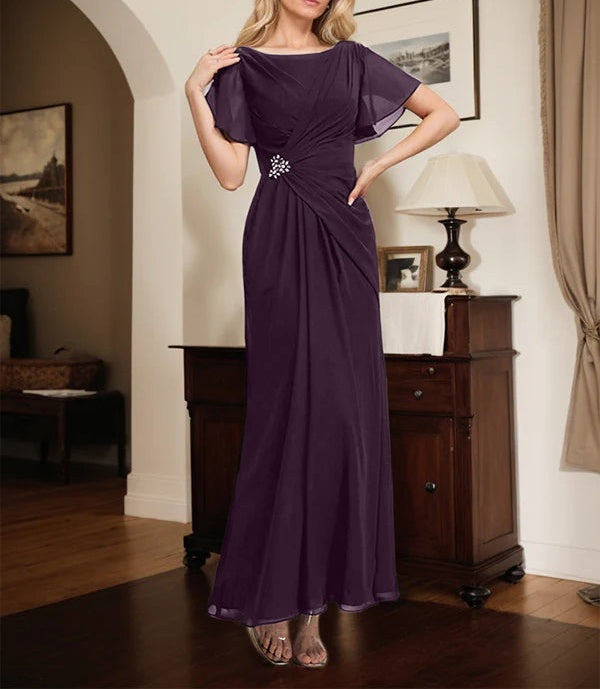 A-line Scoop Ankle-Length Chiffon Mother of the Bride Dress With Beading Pleated