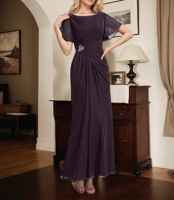 A-line Scoop Ankle-Length Chiffon Mother of the Bride Dress With Beading Pleated