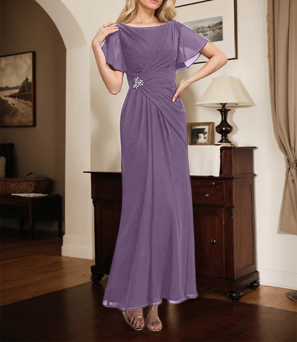 A-line Scoop Ankle-Length Chiffon Mother of the Bride Dress With Beading Pleated