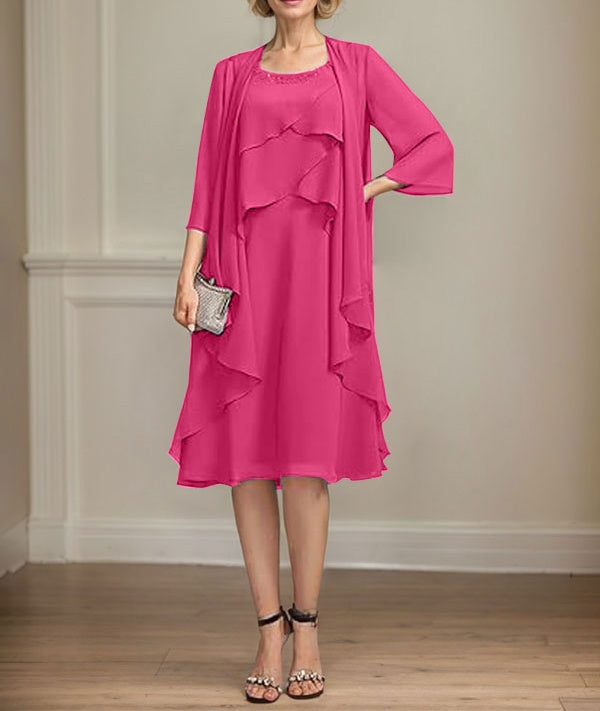 A-line Scoop Knee-Length Chiffon Mother of the Bride Dress With Beading