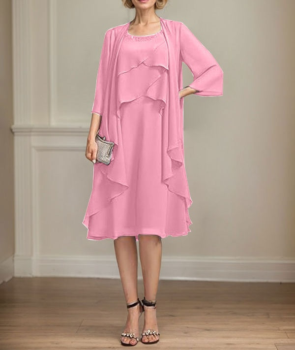 A-line Scoop Knee-Length Chiffon Mother of the Bride Dress With Beading