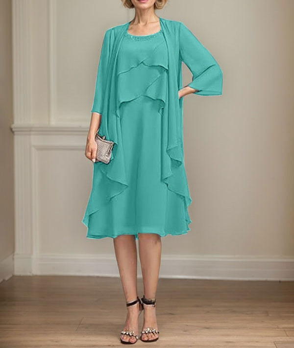 A-line Scoop Knee-Length Chiffon Mother of the Bride Dress With Beading