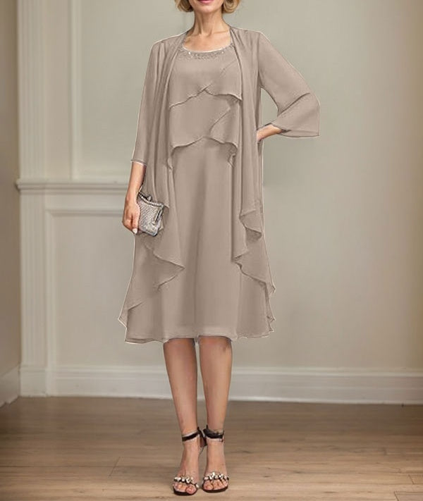 A-line Scoop Knee-Length Chiffon Mother of the Bride Dress With Beading