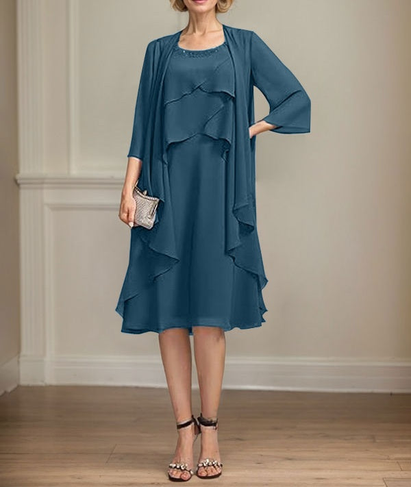 A-line Scoop Knee-Length Chiffon Mother of the Bride Dress With Beading