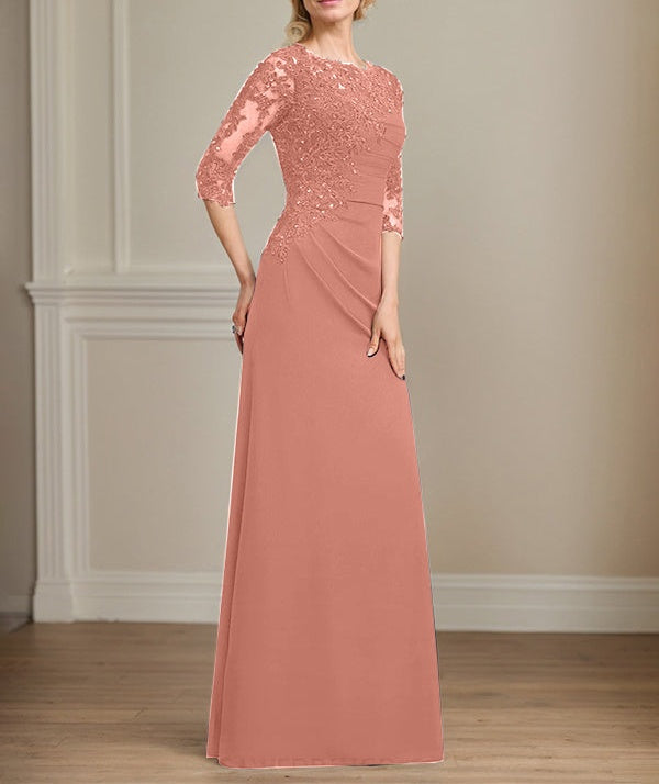A-line Scoop Floor-Length Chiffon Lace Mother of the Bride Dress With Beading Pleated Sequins