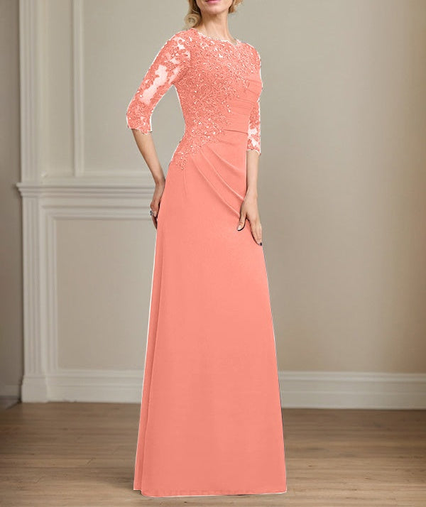 A-line Scoop Floor-Length Chiffon Lace Mother of the Bride Dress With Beading Pleated Sequins