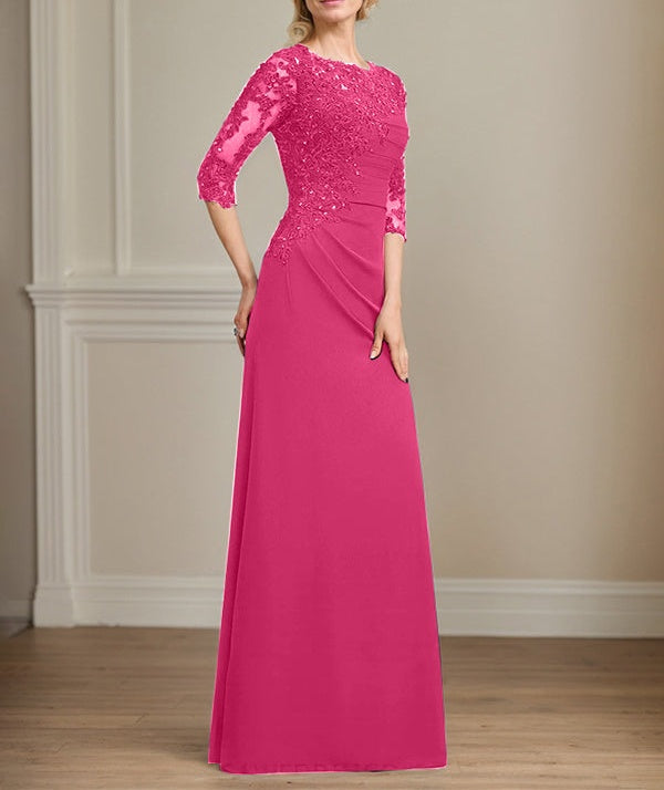 A-line Scoop Floor-Length Chiffon Lace Mother of the Bride Dress With Beading Pleated Sequins