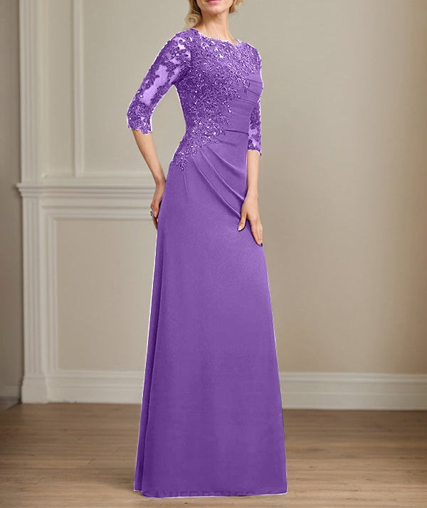 A-line Scoop Floor-Length Chiffon Lace Mother of the Bride Dress With Beading Pleated Sequins