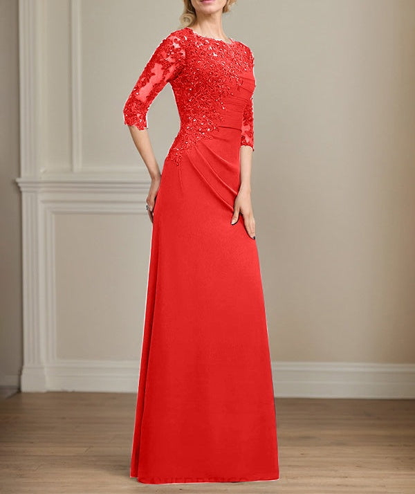 A-line Scoop Floor-Length Chiffon Lace Mother of the Bride Dress With Beading Pleated Sequins