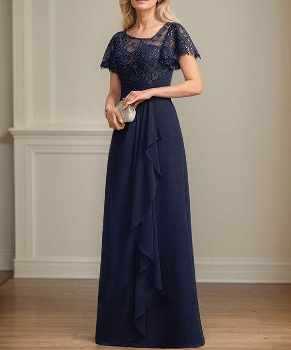 A-line Asymmetrical Illusion Floor-Length Lace Chiffon Mother of the Bride Dress With Cascading Ruffles Sequins