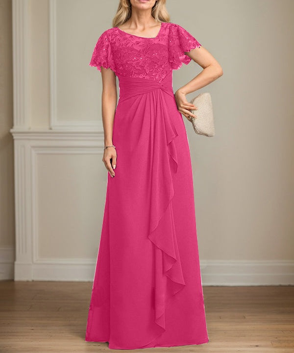 A-line Asymmetrical Illusion Floor-Length Lace Chiffon Mother of the Bride Dress With Cascading Ruffles Sequins