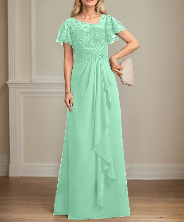 A-line Asymmetrical Illusion Floor-Length Lace Chiffon Mother of the Bride Dress With Cascading Ruffles Sequins