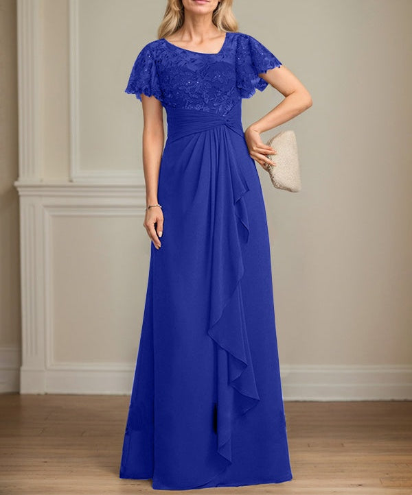 A-line Asymmetrical Illusion Floor-Length Lace Chiffon Mother of the Bride Dress With Cascading Ruffles Sequins