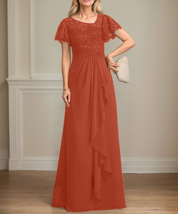 A-line Asymmetrical Illusion Floor-Length Lace Chiffon Mother of the Bride Dress With Cascading Ruffles Sequins