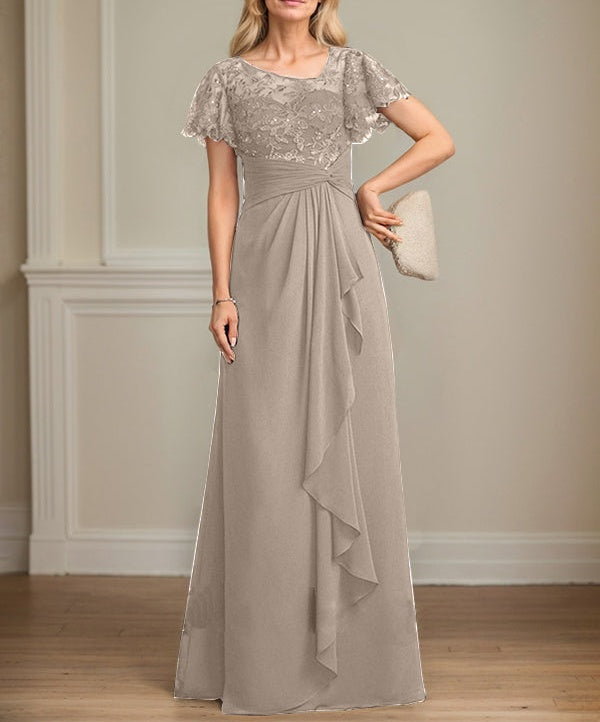 A-line Asymmetrical Illusion Floor-Length Lace Chiffon Mother of the Bride Dress With Cascading Ruffles Sequins