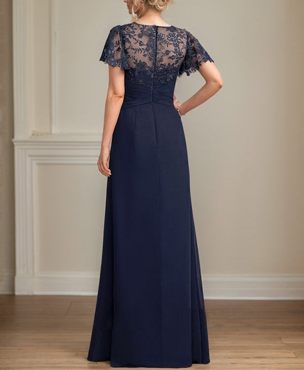 A-line Asymmetrical Illusion Floor-Length Lace Chiffon Mother of the Bride Dress With Cascading Ruffles Sequins