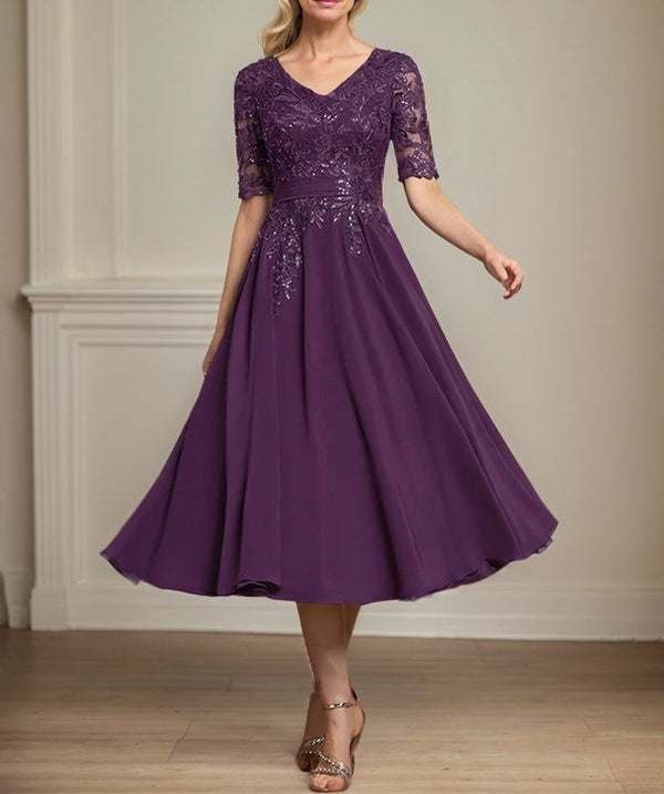 A-line V-Neck Tea-Length Lace Chiffon Mother of the Bride Dress With Sequins