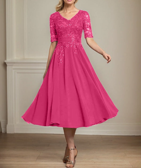 A-line V-Neck Tea-Length Lace Chiffon Mother of the Bride Dress With Sequins